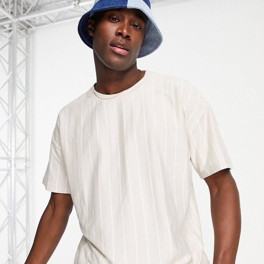 NEW LOOK Oversized Medium Striped Shirt Beige NWT